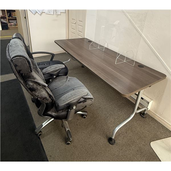 L1 - 2 Large Brown Office Tables, H27" x W71" x D29" Each with 2 Office Chairs