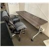 Image 1 : L1 - 2 Large Brown Office Tables, H27" x W71" x D29" Each with 2 Office Chairs