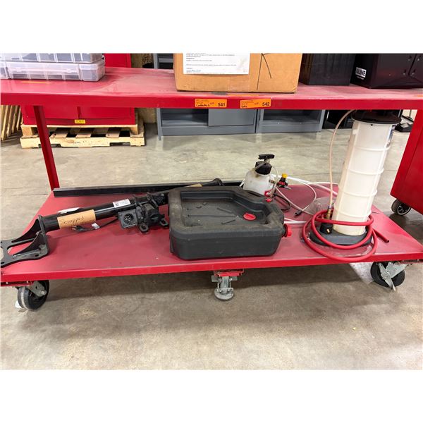 L2 - Contents of Shelves -  Oil Drain Pan, Pneumatic Fluid Evacuator, Bleeder, Tesla Parts, Etc.