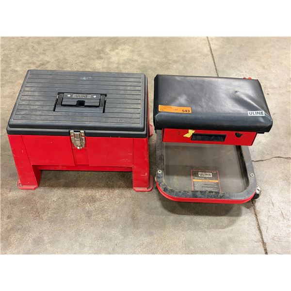 L2 - 2pc - Uline Rolling Mechanics Seat w/ Drawer & Uline Plastic Toolbox