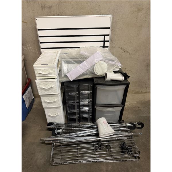 L1 - Mixed Office Organization Lot: Metal Shelving, Plastic Drawers, and Whiteboard