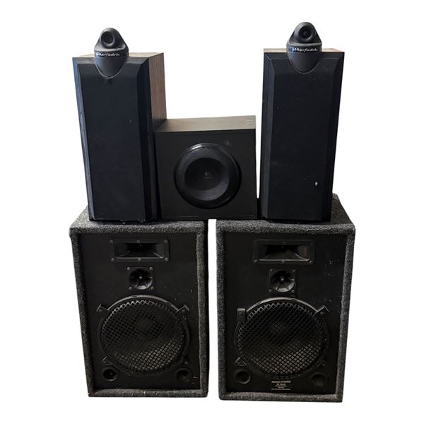 L1 - 5-Pcs Lot: Wharfedale Modus Three, Logitech Speaker System 2623, 2 Professional Speakers