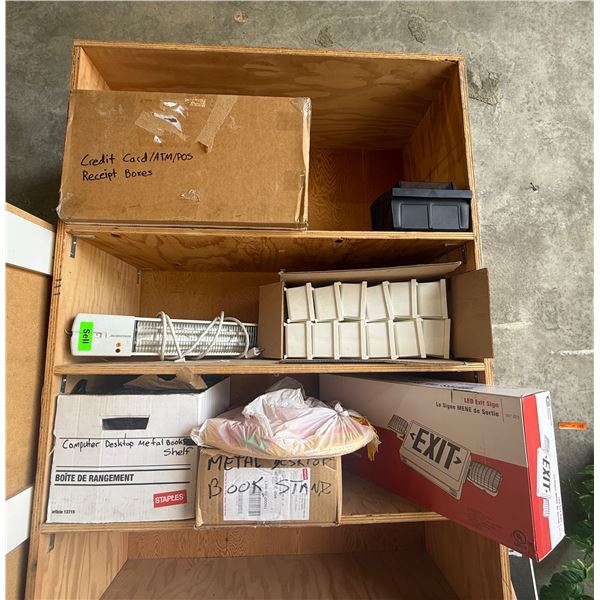 L1 - Group of Desktop Metal Stands, Space Heater, Exit LED Signs, and Credit Card Receipt Boxes