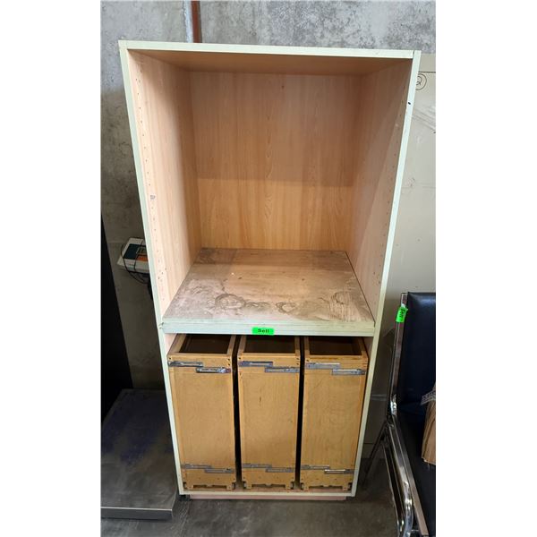 L1 - Wooden Multi-Shelf Cabinet with 3 Sliding Drawers, H65" x 27" - some wear , as-is