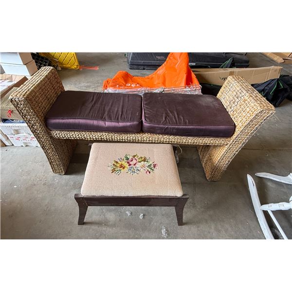 L1 - Mixed Lot - Woven Wicker Bench (54"), Wooden Footstool (W22"), Metal Kitchen Strainers and Clot