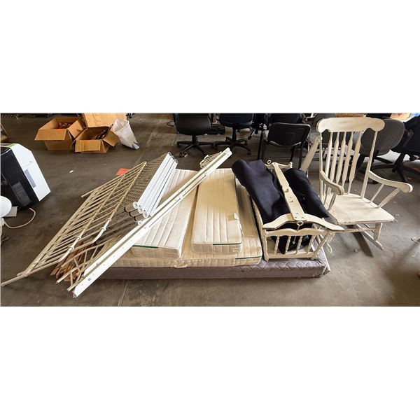 L1 - Group of Nursery Furniture - Spindle Rocking Chair, Vintage Wooden Crib, Metal Bed Frames, Vari
