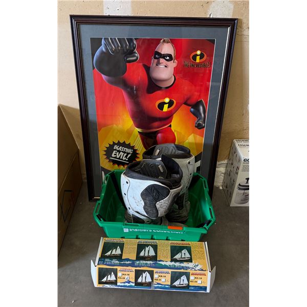 L1 - 3-Pcs Lot: "The Incredibles" Poster, O'Neal Motocross Riding Boots, and Vintage Model Sailboat