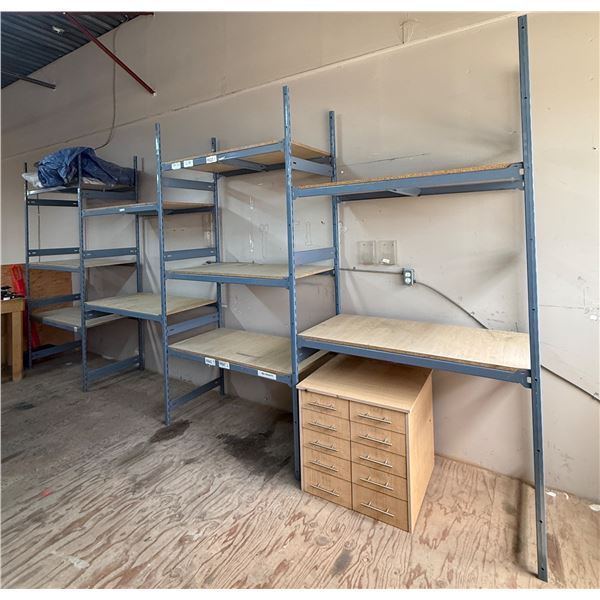 L1 - Metal Shelving Units, Approx. Upright 95" x Beams 48", Wooden Drawer Cabinet, Group of Fluoresc