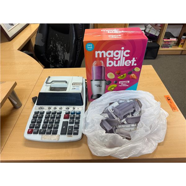 L1 - Canon MP49D Printing Calculator, Magic Bullet Personal Blender, and Assorted Plastic Label Hold