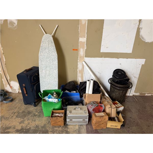 L1 - Mixed Misc Lot: Rolling Suitcase, Ironing Board, Fan, Metal Storage Cases, and Group of Electri