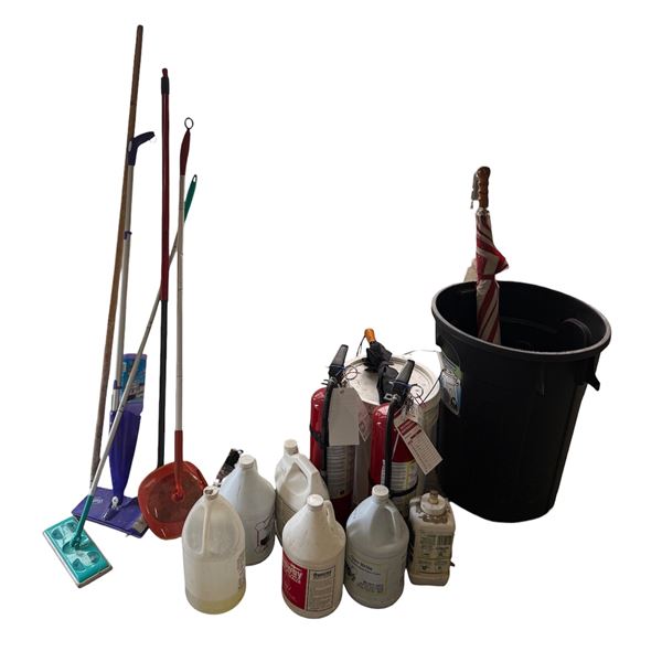 L1 - 2 Fire Extinguishers and Assorted Janitorial including Mops, Brooms, Cleaning Chemical Jugs, Tr