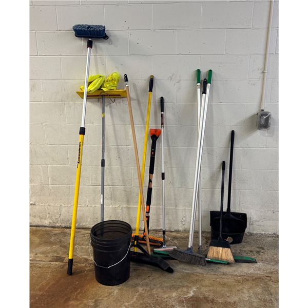 L3 - Industrial Cleaning Tools Group Lot - includes Brooms/Mop/ Telescopic Brush & Black Bucket