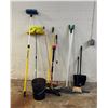 Image 1 : L3 - Industrial Cleaning Tools Group Lot - includes Brooms/Mop/ Telescopic Brush & Black Bucket