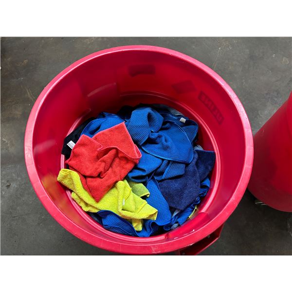 L3 - Uline Red Industrial Rolling Bin  w/ Large Group of Microfiber Cloths
