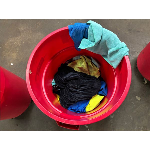L3 - Uline Red Industrial Bin on Wheels w/ Large Group of Microfiber Drying Towels