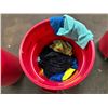 Image 1 : L3 - Uline Red Industrial Bin on Wheels w/ Large Group of Microfiber Drying Towels