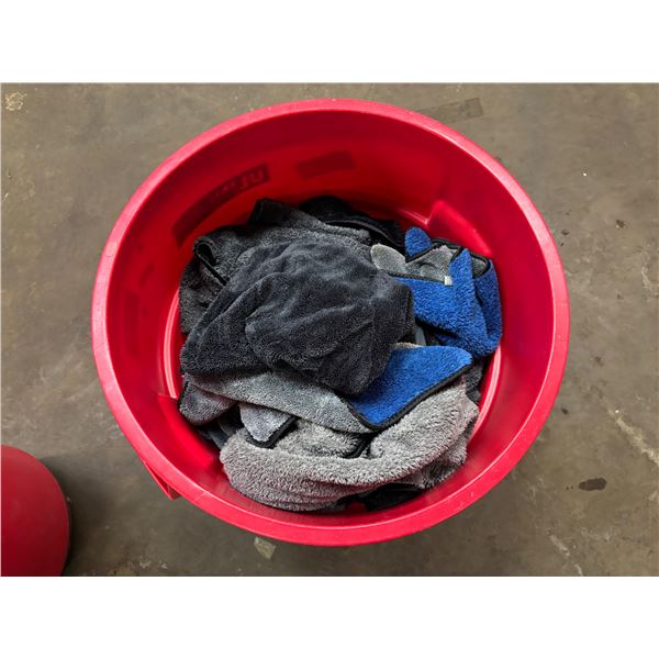 L3 - Uline Red Industrial Bin on Wheels w/ Large Group of Microfiber Drying Towels