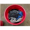 Image 1 : L3 - Uline Red Industrial Bin on Wheels w/ Large Group of Microfiber Drying Towels