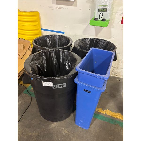 L3 - Group of 3 ULINE Industrial Garbage Bins & 2 Blue Bins