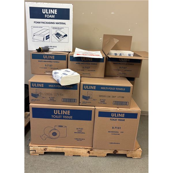 L3 - NEW Pallet of ULINE Commercial Supplies - includes Foam Packaging Material, Multi-Fold Towels &