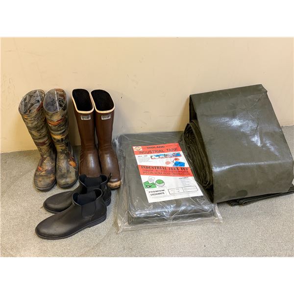 L3 - NEW Group of 3 Pairs of Work Boots & Industrial Tarps - assorted sizes