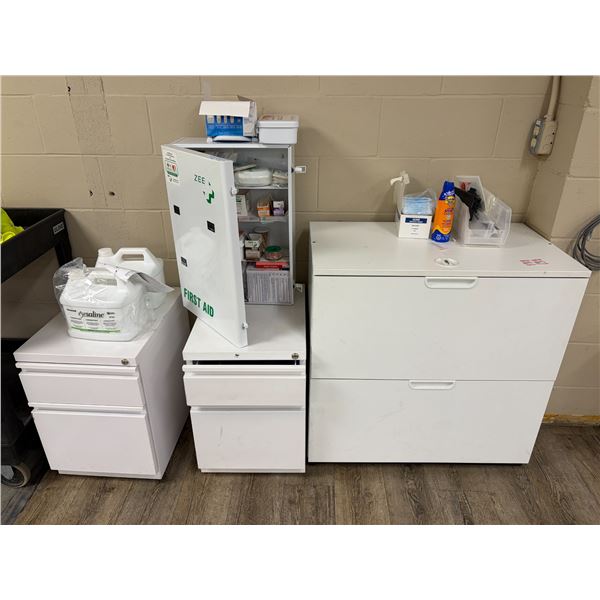 Large Group of First Aid Items & Filing Cabinets