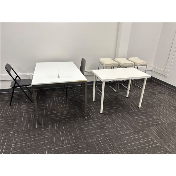 L2 - Group - 2 Tables (53x33x29.5" / 39x24x29"), (x2) Chairs (1 Folding) & (x3) Stools