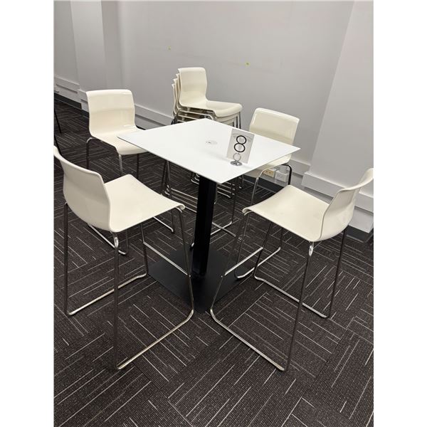 L2 - Table (28x28x36") w/ (x8) White Stools w/ Chrome Legs