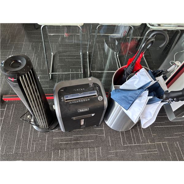 L2 - Group - Fellowes Paper Shredder, Vornado Tower Fan, Umbrella Holder w/ Umbrellas