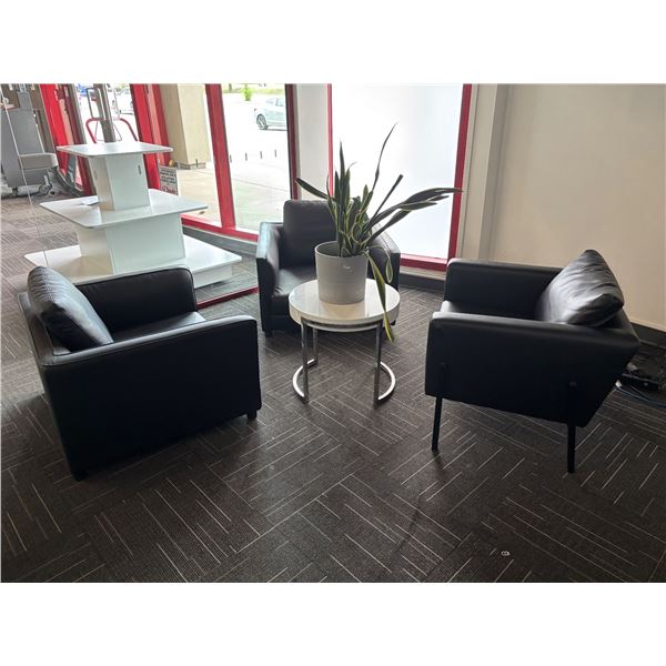 L2 - 5pc - (x3) Black Leather Chairs, End Table & Plant