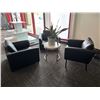 Image 1 : L2 - 5pc - (x3) Black Leather Chairs, End Table & Plant