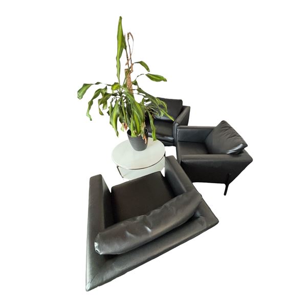 L2 - 5pc - (x3) Black Leather Chairs, Coffee Table & Plant