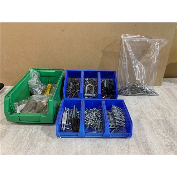 Lot Of 3 Durable Plastic Stacking Bins - Includes Assortment Of Nails, Screws, Etc..