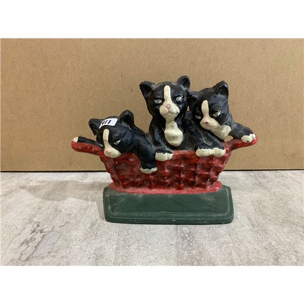 Vintage Cast Iron Doorstop With 3 Black & White Kittens In A Red Basket