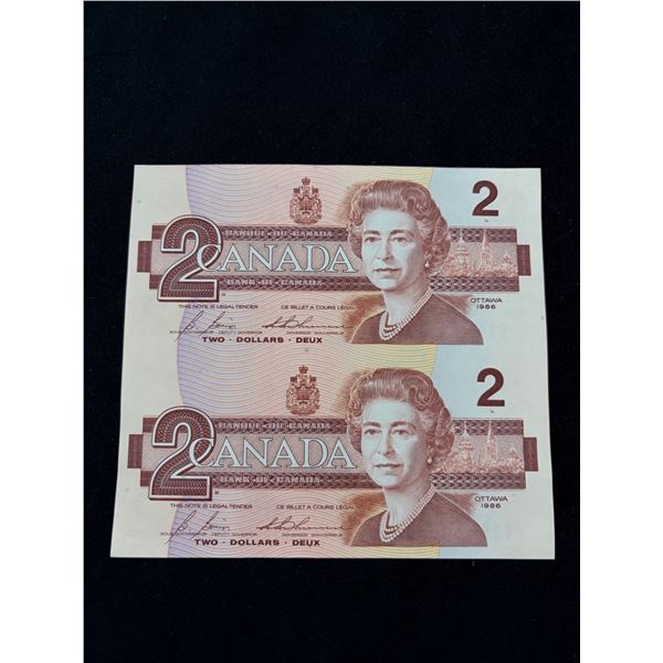 1986 Un-Cut Two Dollar CAD Banknotes