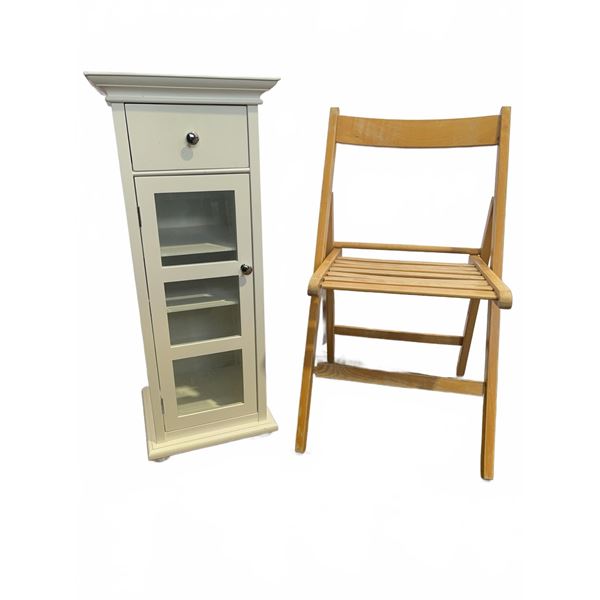 Wood Folding Chair and White Cabinet