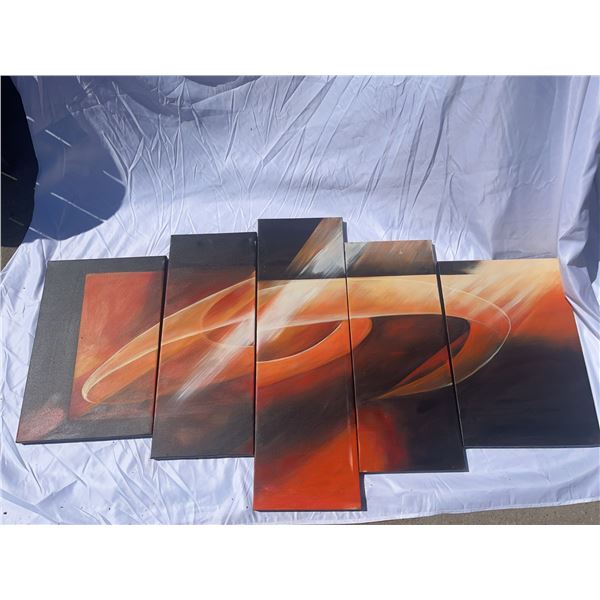 Five-Panel Abstract Canvas Painting in Orange and Black