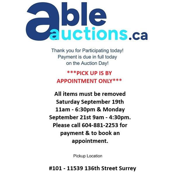 All items must be removed Saturday Sept 19th 11am - 6:30pm & Monday Sept 21st 9am - 4:30pm