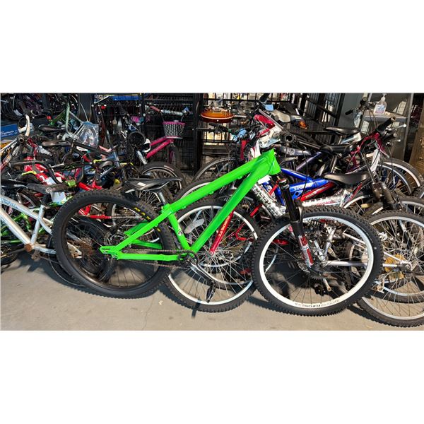 GREEN 1-SPEED BICYCLE WITH FRONT SHOCKS