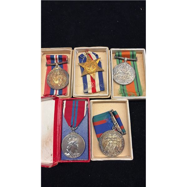 WWII MILITARY SERVICE MEDALS WITH BOXES QEII 1953 CORONATION MEDAL WITH BOX