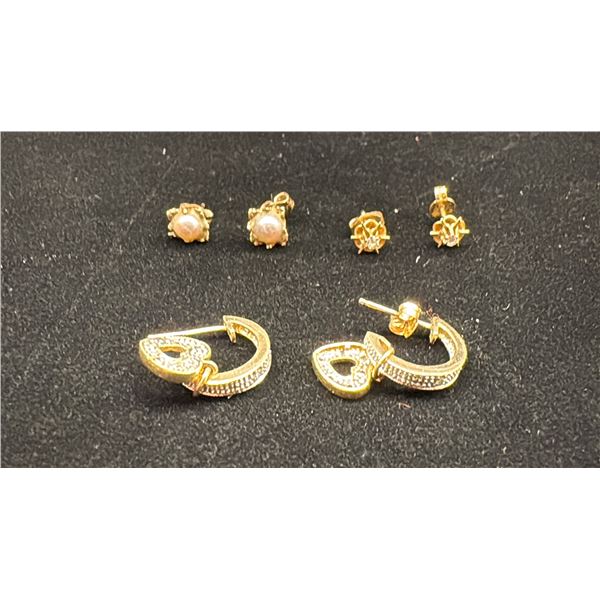 PAIR APPROX 10K EARRINGS SET WITH DIAMONDS, PAIR APPROX 14K EARRINGS SET WITH PEARLS & PAIR APPROX