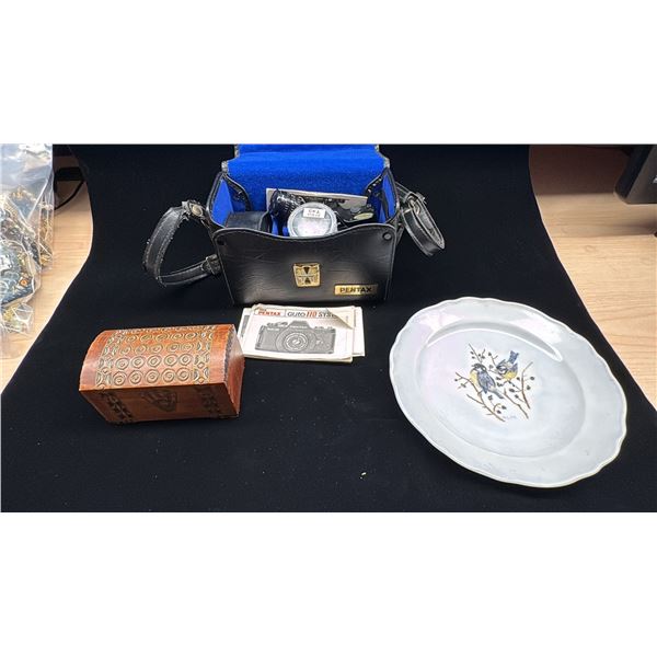 VINTAGE ITEMS; ASAHI PENTAX AUTO 110 CAMERA WITH CASE & ACCESSORIES, PLATE WITH BIRD MOTIF MARKED