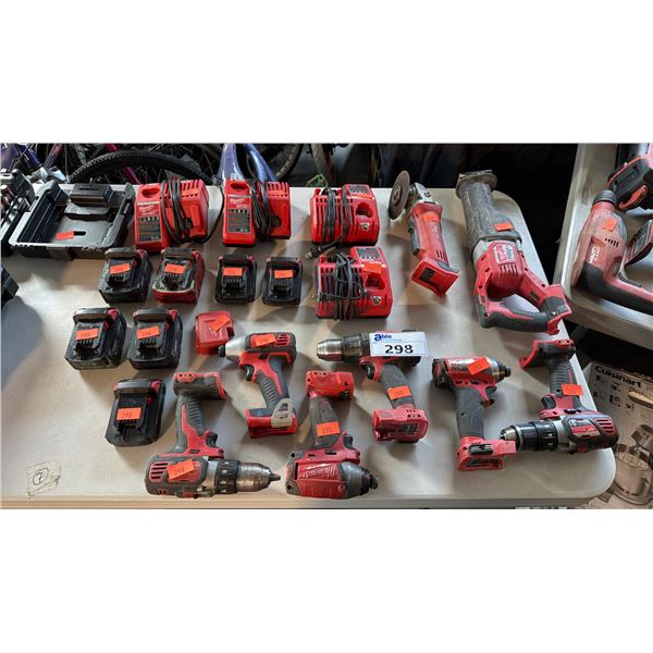 ASSORTED MILWAUKEE CORDLESS 18V POWER TOOLS, BATTERIES, AND CHARGERS 20-PIECE LOT