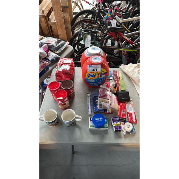 TIM HORTON'S INSTANT AND WHOLE BEAN COFFEE WITH MUGS, TIDE LAUNDRY PODS & ASSORTED ITEMS