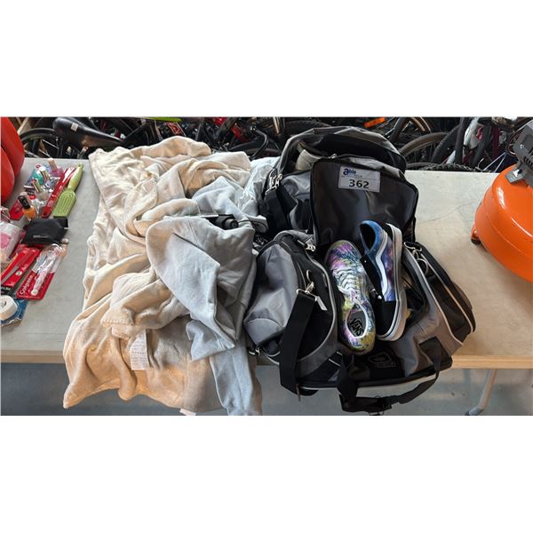 2 DUFFLE BAGS WITH ASSORTED SHOES & A HOODIE WITH BLANKET