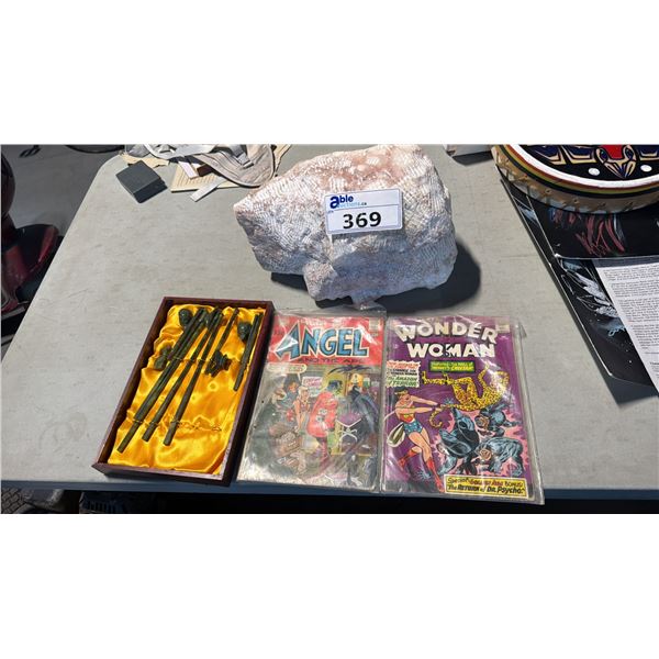 2 COMIC BOOKS, BROKEN CHOPSTICK SET & A SALT ROCK DECORATION