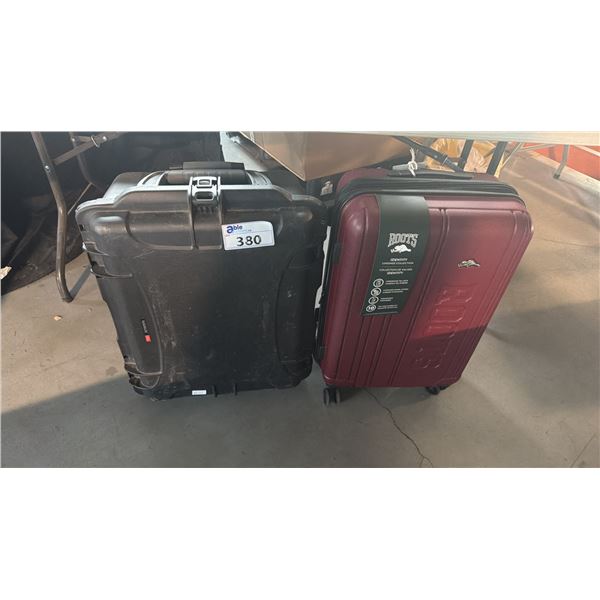 2 TRAVEL RED & BLACK LUGGAGE WITH EXTENDABLE HANDLES AND WHEELS