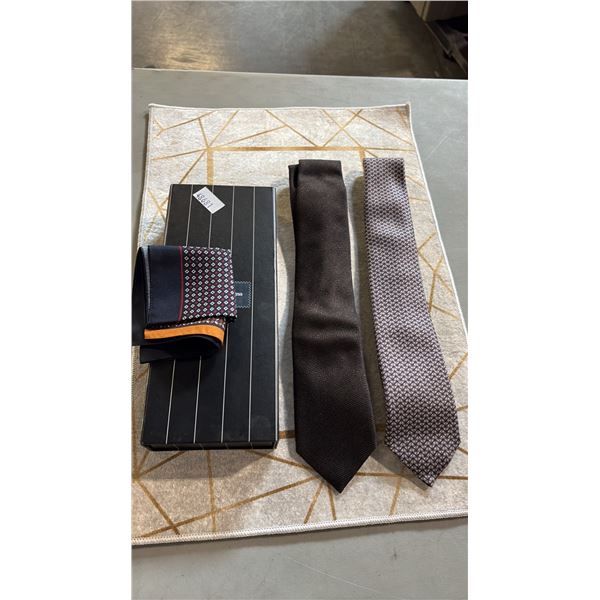 2 BOXED TIES AND A POCKET SQUARE