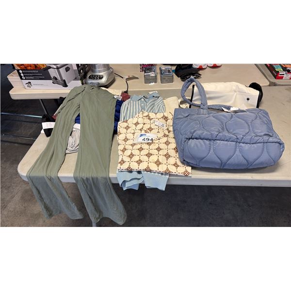 ASSORTED SEASONAL CASUAL GARMENTS AND QUILTED PATTERN TOTE CARRIER BAGS