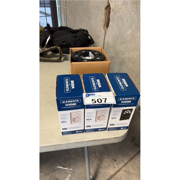 ASSORTED ELECTRONIC KEYPAD DEADBOLT LOCKSETS AND HEAVY-DUTY ALUMINUM AUTOMOTIVE WHEEL SPACERS